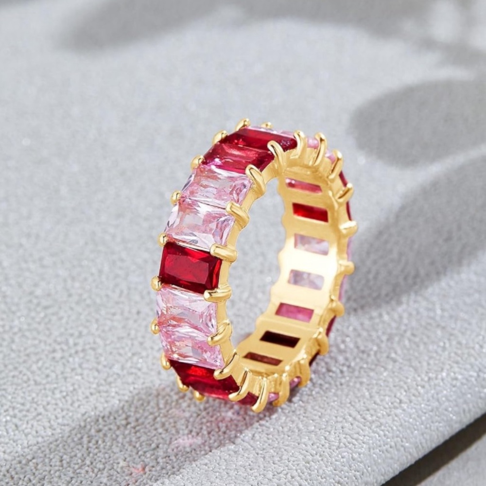Eternity Ring Emerald Cut Multicolor Gemstone 18K Gold Plated Size 5-9